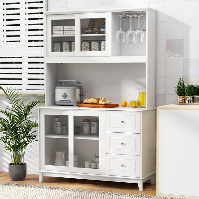 Dreamade 73" Kitchen Pantry Storage Cabinet, Hutch Cabinet with LED Lights & Power Outlet, Kitchen Buffet Cabinet w/Wine Glass Racks