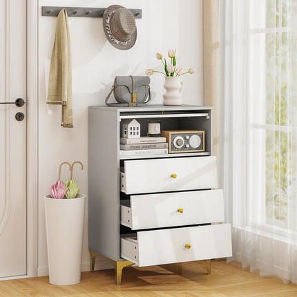 Dreamade 3 Drawer Dresser, Modern Storage Cabinet w/Flip Up Fluted Glass Door & Pull-Out Drawers