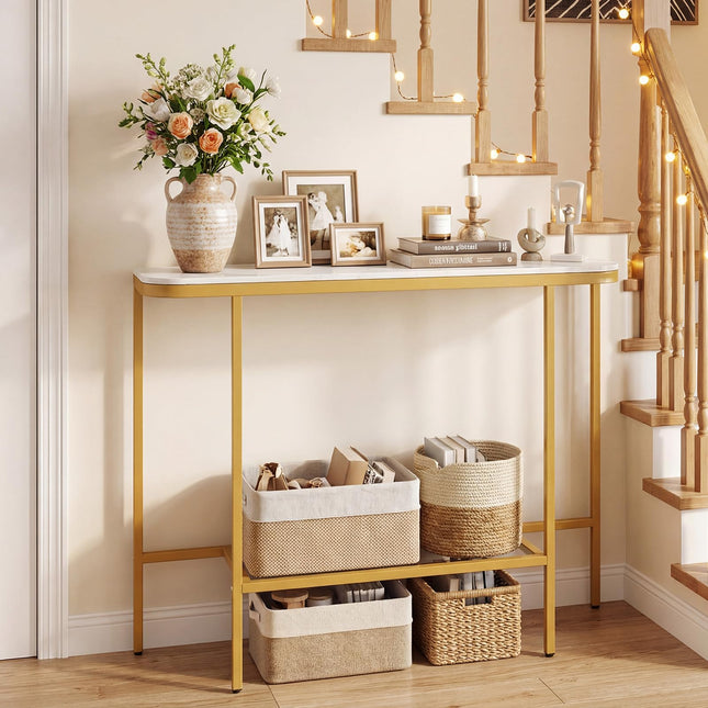 Dreamade Farmhouse 44" Entryway Table with Faux Marble Tabletop & Heavy-Duty Metal Frame