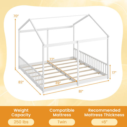 Dreamade Double Twin Floor Beds for 2 Kids, Wood Twin Size House Beds with Safety Guardrails, White