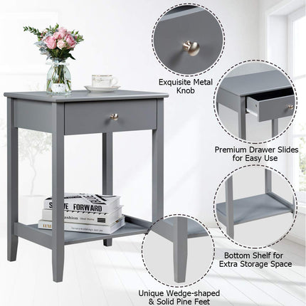 Nightstand Wooden 2-Tier Couch Sofa Side Table with Drawer, End Table