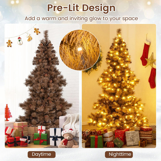 Dreamade 6 FT Pre-Lit Chocolate-Color Xmas Tree with 493 Pine Needles & PVC Tips