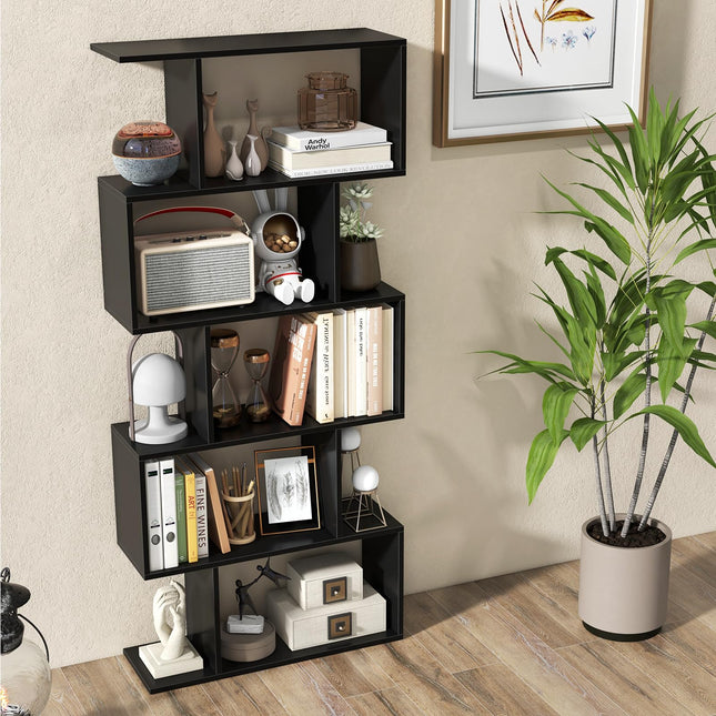 Dreamade 5-Tier Geometric Bookshelf, 62.5" Tall Wood S-Shaped Bookcase with Anti-Tipping Device