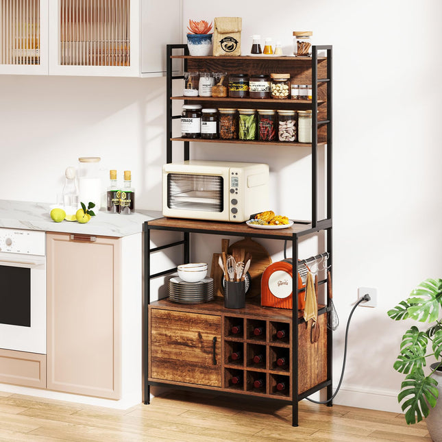 Dreamade Bakers Rack with Power Outlet, 67” Microwave Stand with Storage Cabinet, Spice Rack