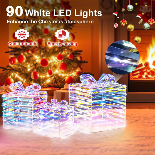 Dreamade 3 Pieces Christmas Lighted Gift Boxes, 90 LED Light up Present Boxes with Bows, Zip Ties & Ground Stakes