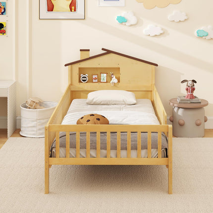 Dreamade Twin Bed Frames for Kids, Solid Wood Montessori Bed with House-Shaped Headboard & Built-in Storage Shelf