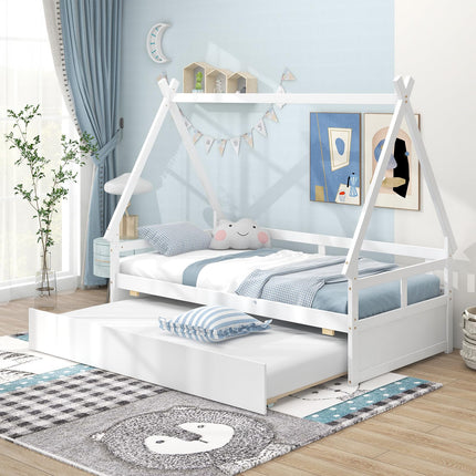 Dreamade Twin House Bed with Trundle, Wood Montessori Tent Bed Frame with Safety Guardrail