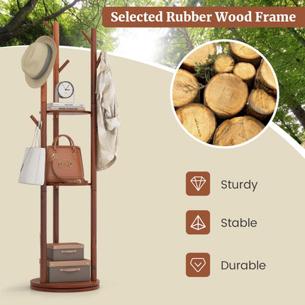 Dreamade Coat Rack Freestanding, Wooden Rotary Coat Tree w/ 3 Display Storage Shelves & 9 Hooks