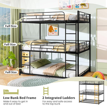 Dreamade Metal Full Over Full Over Full Bunkbeds with Safety Guardrails & 2 Ladders