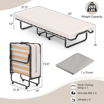 Dreamade Folding Bed with Mattress, 75x31 Cot Size Bed Frame, Roll Away Beds with Mattresses for Adults