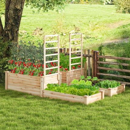 Dreamade Raised Garden Bed with Trellis, Set of 2 Wood Shallow & Deep Planter Box for Climbing Plants