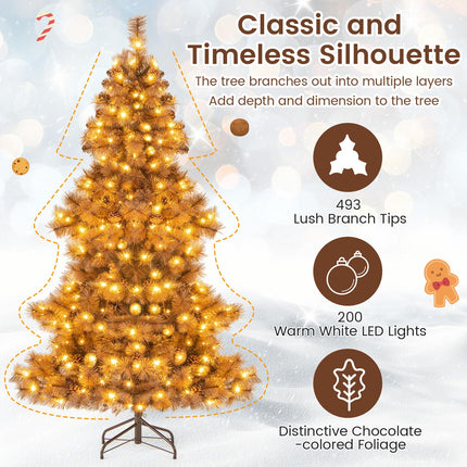 Dreamade 6 FT Pre-Lit Chocolate-Color Xmas Tree with 493 Pine Needles & PVC Tips