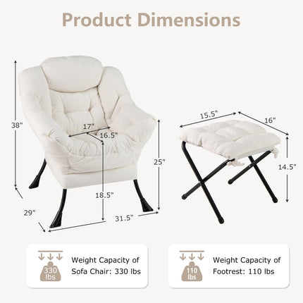 Dreamade Set of 1/2 Lazy Chair with Folding Ottoman, Modern Sherpa Accent Chair w/Armrests & Pocket