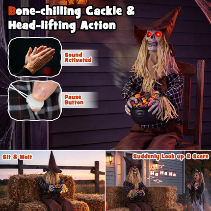 DREAMADE 53" Sitting Skeleton Animated Halloween Scarecrow Animatronics