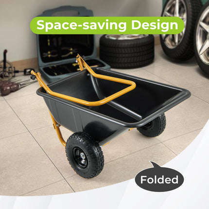 Dreamade Dual-Wheel Wheelbarrow, Heavy-Duty Garden Utility Cart with Built-in Stand, Pneumatic Tires, 330 Lbs Capacity, Foldable Handle