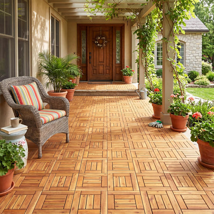 Dreamade 12" x 12" Acacia Wood Interlocking Patio Flooring Tiles with Drainage Base