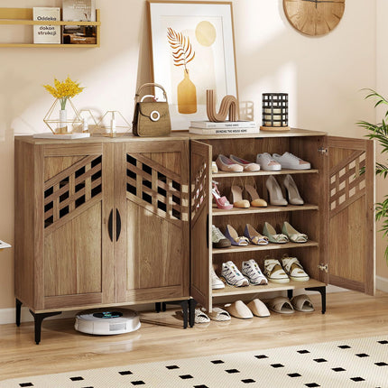 Dreamade 4-Tier Wooden Shoe Organizer Cabinet with Hollow Woven Doors & 3 Removable Shelves