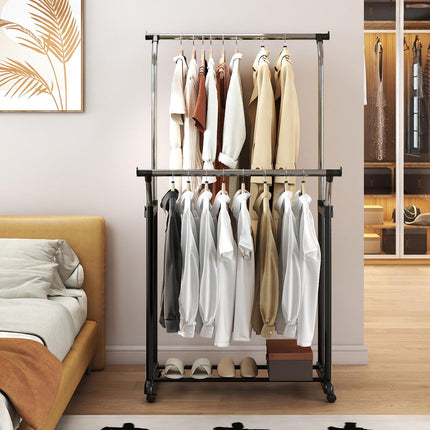 Dreamade Double Rod Clothing Rack with Adjustable Height & Wheels