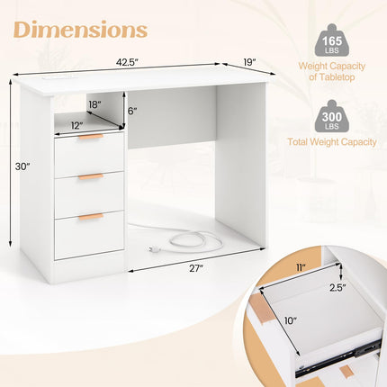Dreamade White Desk with Drawers, Modern Home Office Desk Writing Study Desk with Charging Station