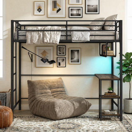 Dreamade Twin Loft Bed with Desk LED Lights & Charging Station