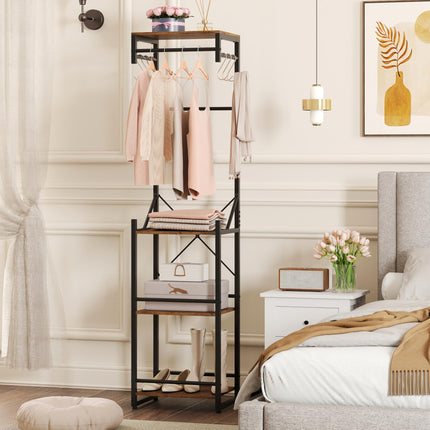 Dreamade Freestanding Coat Rack with 4 Storage Shelves and 6 Hooks