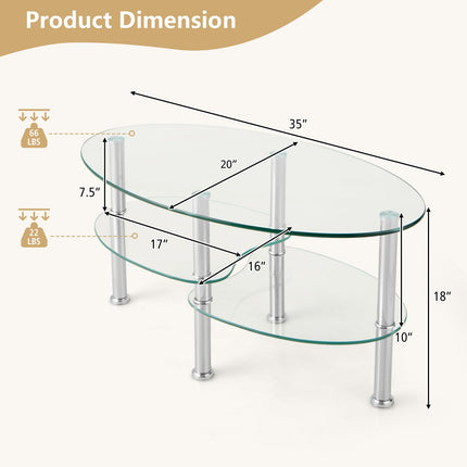 Dreamade Oval Glass Coffee Table - 3-Tier Transparent Tempered Glass Center Table with Metal Stand, 35"× 20" ×18"