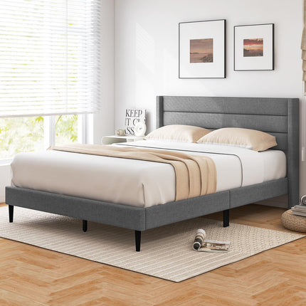 Dreamade Queen/Twin Size Bed Frame, Modern Linen Upholstered Platform Bed with Wingback Headboard