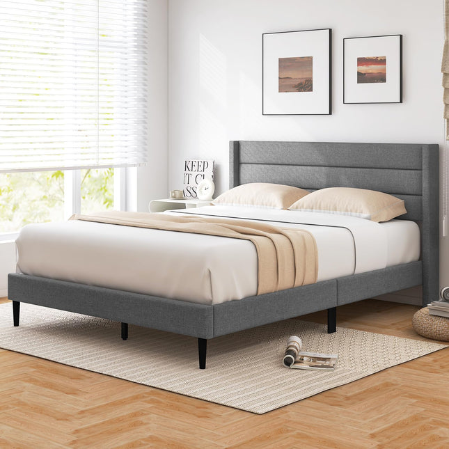 Dreamade Queen/Twin Size Bed Frame, Modern Linen Upholstered Platform Bed with Wingback Headboard