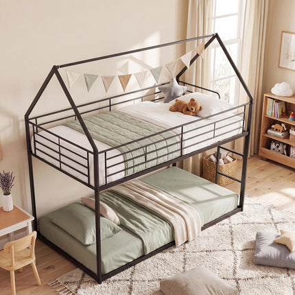 Dreamade House-Shaped Twin Over Twin Metal Bunk Bed