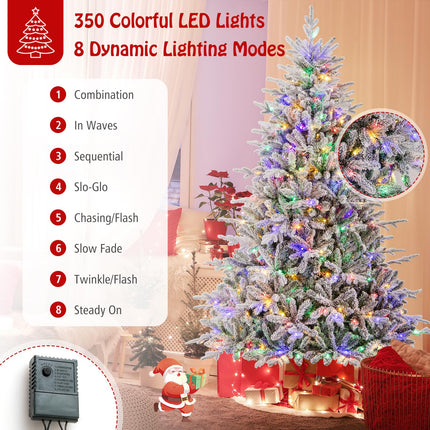 Dreamade 7ft Pre-Lit Snow Flocked Christmas Tree, Artificial Hinged Full Xmas Tree with 350 Multicolored LED Lights