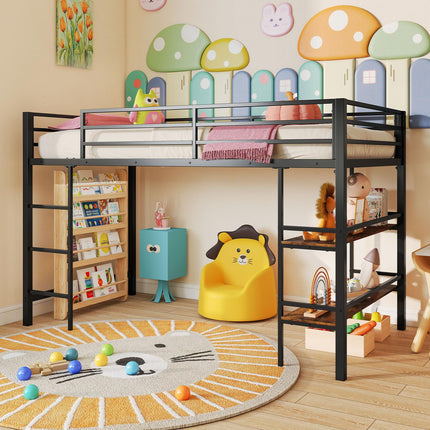 Dreamade Low Loft Bed Twin Size Heavy Duty Metal Frame w/Storage Shelves