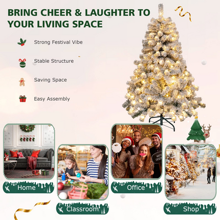 Dreamade 4.5 FT Pre-Lit Snow Flocked Christmas Tree, Artificial Hinged Xmas Tree W/ 150 LED Lights - DreamadeUS