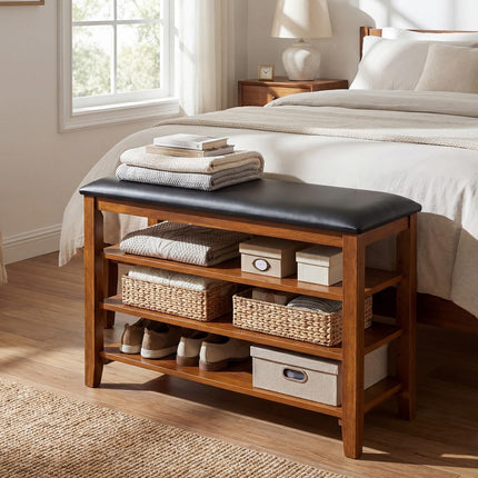 Dreamade 4-Tier Shoe Rack Bench | Rubber Wood Entryway Bench with Adjustable Shelves