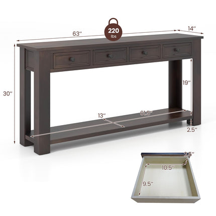 Dreamade 63" Farmhouse Entryway Table, Narrow Console Table w/ 4 Storage Drawers & Open Shelf