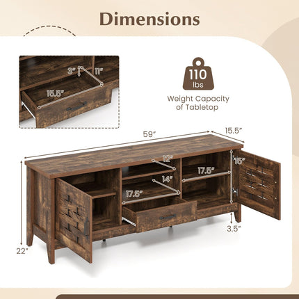 Dreamade Farmhouse TV Stand for 65 Inch TVs 59" Wood Entertainment Center with 2 Woven Accent Doors