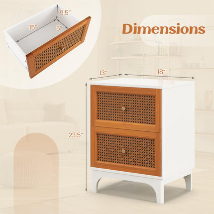 Dreamade Rattan Nightstand with Drawers, Natural Rattan End Table, Cane Accent Bedside Table with Solid Wood Legs for Bedroom