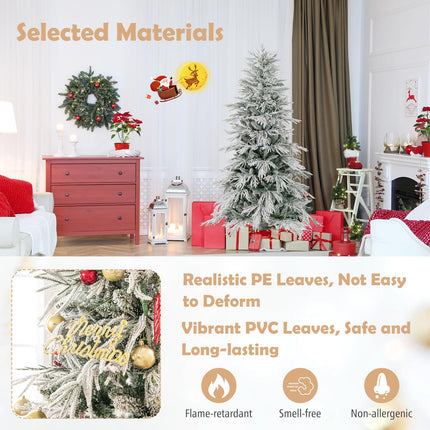 Dreamade 6FT / 7FT / 8FT Pre-Lit Snow Flocked Christmas Tree with PE & PVC Mixed Branch Tips