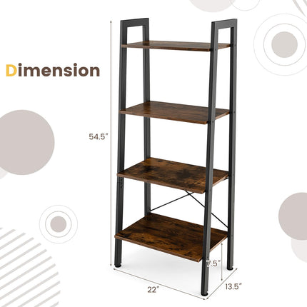 Dreamade Industrial 4-Tier Bookshelf, Ladder Bookshelf with Metal Frame, Anti-Tipping Kits