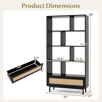Dreamade 64" Tall 6-Tier Wood Bookshelf with Rattan Drawer
