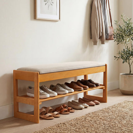 Dreamade Rubberwood Shoe Rack Bench with Linen Seat Cushion