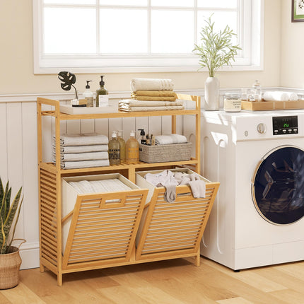 Dreamade Double Tilt Out Laundry Hamper w/2-Tier Storage Shelf