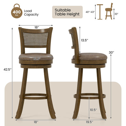Dreamade 30" Bar Height Bar Chairs with PE Rattan Backrest Upholstered Leathaire Barstools