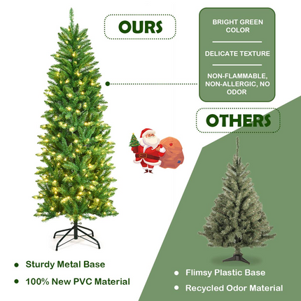 Dreamade 6ft Pre-lit Artificial Christmas Tree, Hinged Fir Pencil Christmas Tree with 250 LED Lights - DreamadeUS