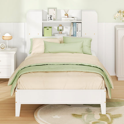 Dreamade Twin Bed Frames for Kids, Wooden Twin Size Bed with Storage Bookcase Headboard