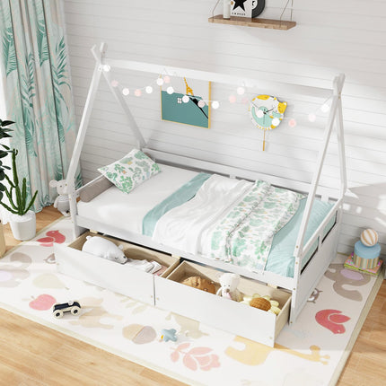 Dreamade Twin Bed with 2 Storage Drawers, Wood Montessori House Tent Bed Frame with Safety Guardrail