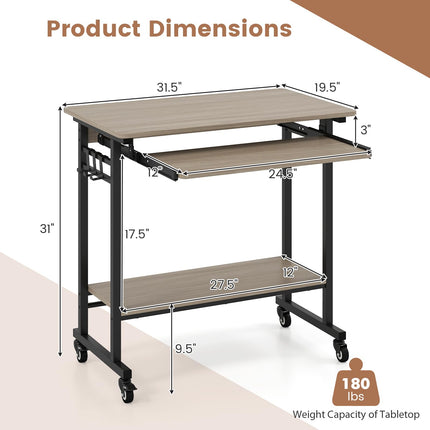Dreamade Rolling Laptop Table with Pull-out Keyboard Tray and Hooks