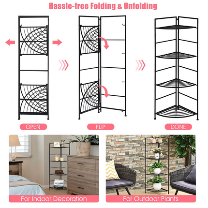 Dreamade Folding Metal Plant Rack, 4 Tiers Corner Shelf Plant Stand