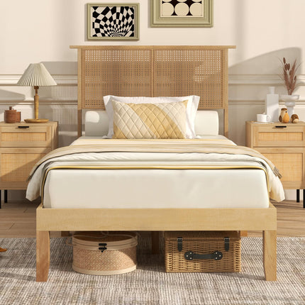 Dreamade Queen/Full/Twin Size Bed Frames with Rattan Headboard, Boho Solid Wood Platform Bed with Wooden Slats