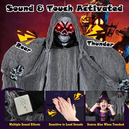 Dreamade Hanging Halloween Decoration, 12.1 Ft Skeleton Ghost with Flickering Red Eyes, Scary Sounds