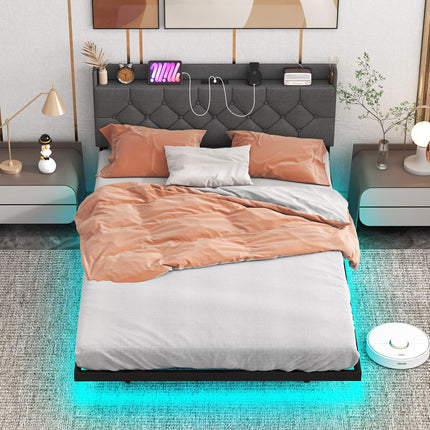 Dreamade Queen/Full Size Floating Bed Frame with LED Lights, Modern Platform Bed with Adjustable Upholstered Headboard & Charging Station